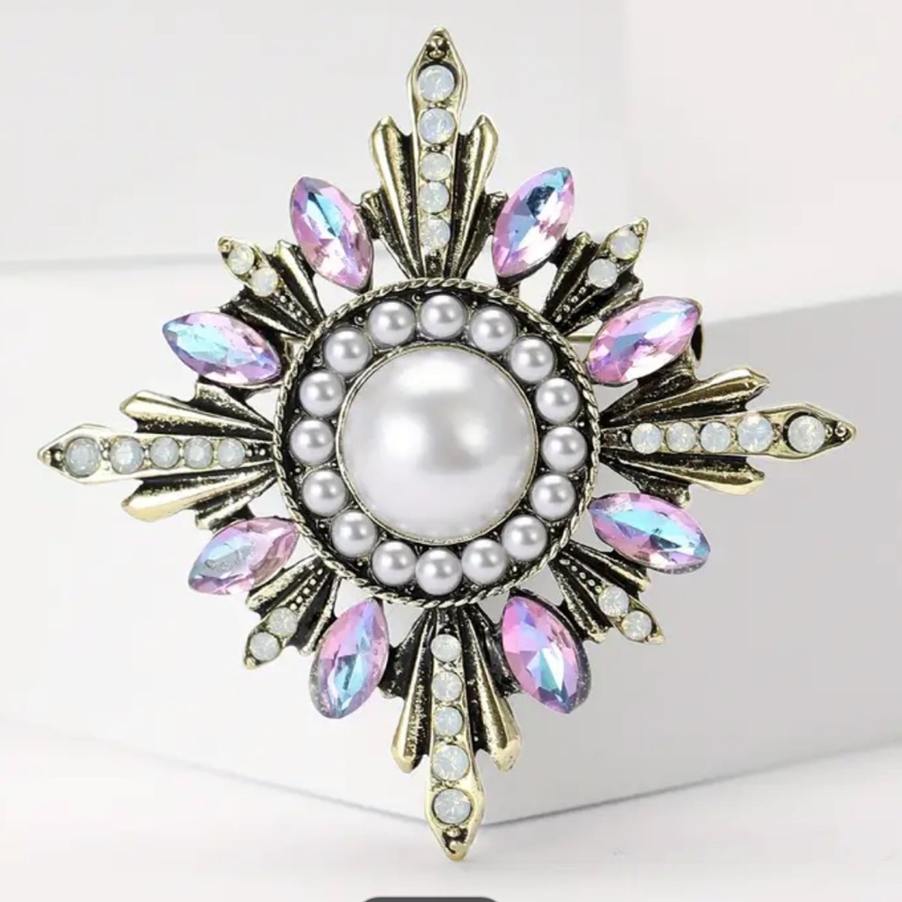 Sunburst Simulated Pearls & Aurora Borealis Rhinestone Brooch, Pin for Clothing
